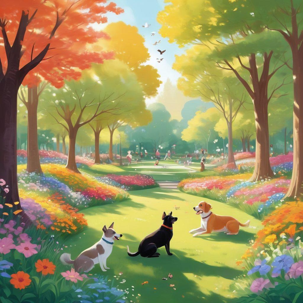 A warm, inviting scene showcasing diverse pet owners joyfully interacting with their happy pets in a lush park, with vibrant flowers and playful animals around. Include a variety of pets like dogs, cats, and birds, all radiating happiness. Soft sunlight filtering through trees, creating a magical atmosphere. Illustrated in a whimsical, cartoon-like style with vivid colors.