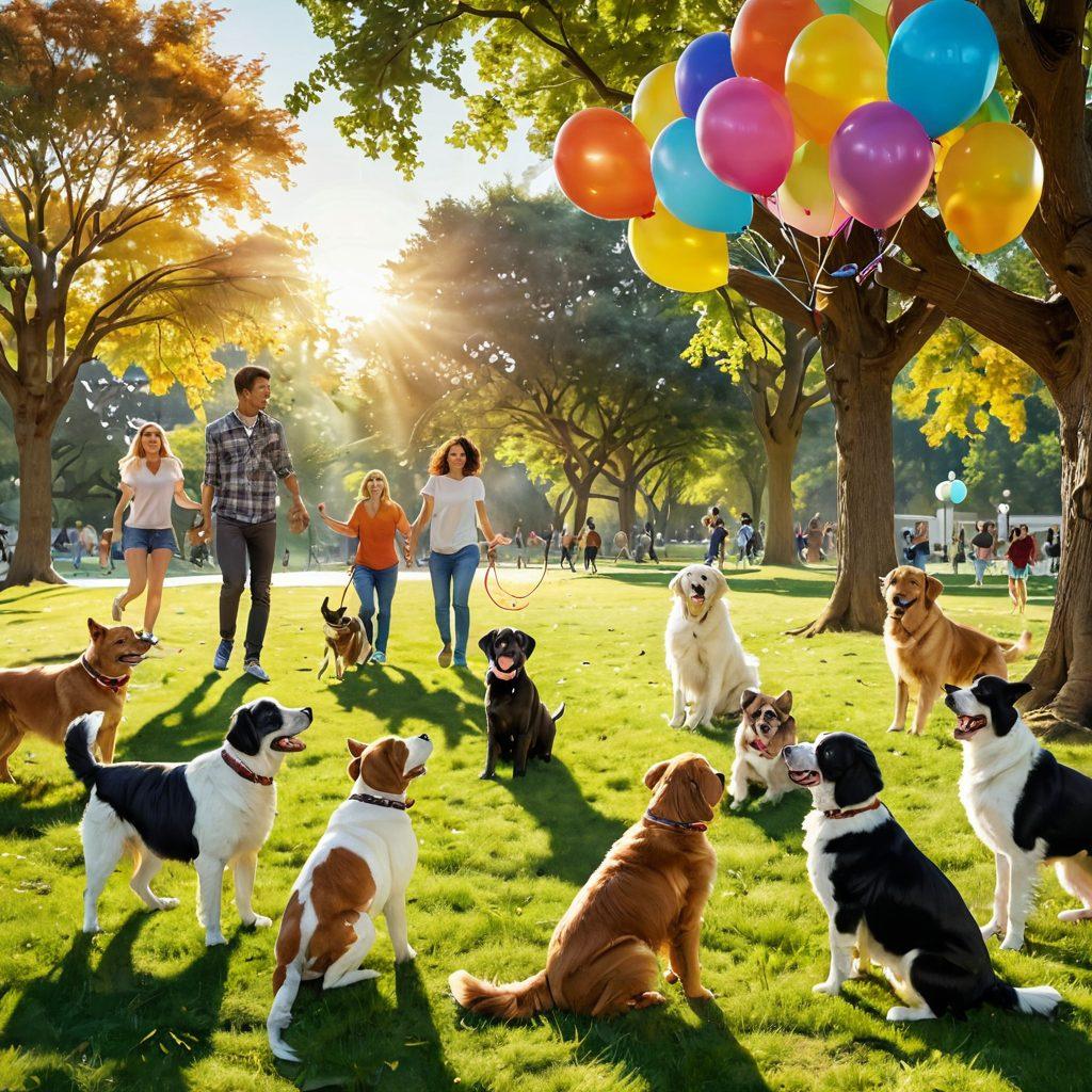 A joyous scene depicting a diverse group of pets, including dogs and cats, engaging in playful activities with their owners in a vibrant park setting. The sunlight filters through the trees, illuminating the happy faces of both pets and humans as they experience unforgettable moments together. Incorporate elements like colorful balloons, frisbees, and pet toys to enhance the festive atmosphere. The overall composition should radiate warmth and happiness, inviting viewers to join the cheerful pet journey. super-realistic. vibrant colors. sunny backdrop.
